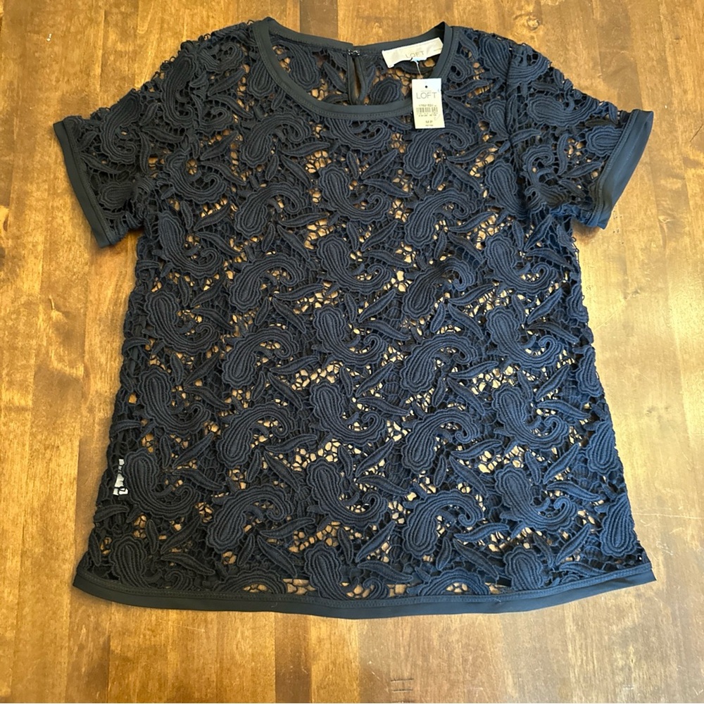 Loft Petite Medium Lace Cut‎ Out Black Short Sleeve Blouse Top Cotton NEW 🖤